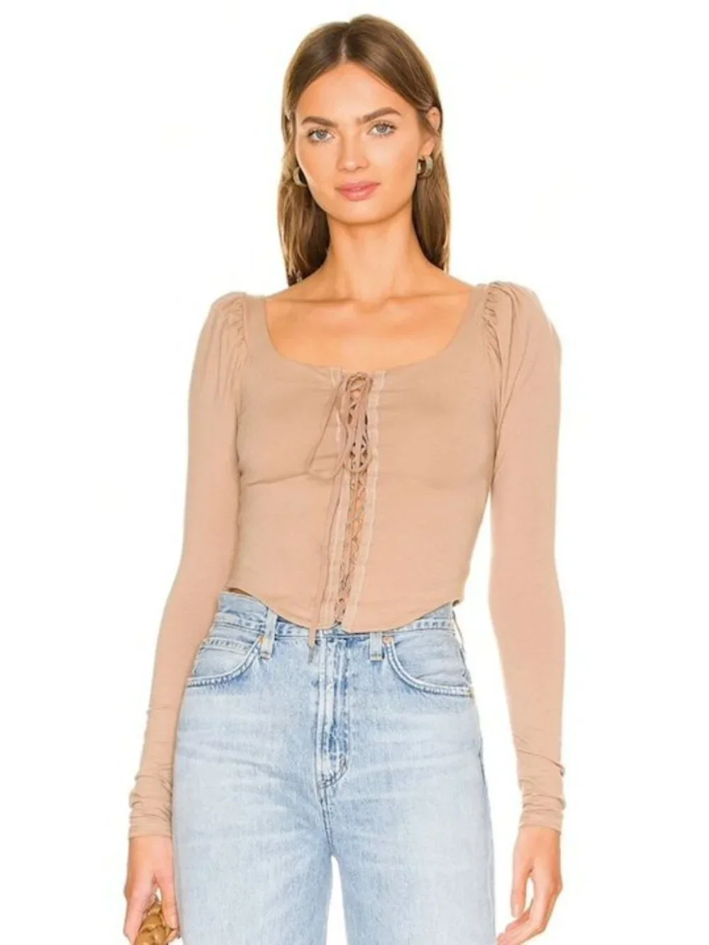 Free People Otter Tan Long Sleeve Lace-Up Corset Top Women's Size X-Small XS